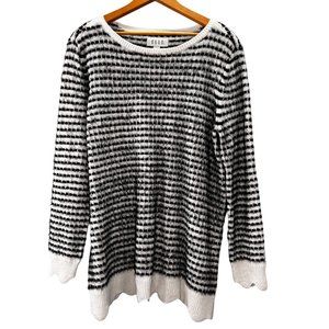 Elle Sweater size L Tunic Striped Soft Fuzzy Scalloped Hem Black Ivory